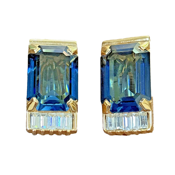 Vintage SAL Clip On Earrings Swarovski Sapphire Blue & White Rhinestone Baguette - Picture 1 of 6